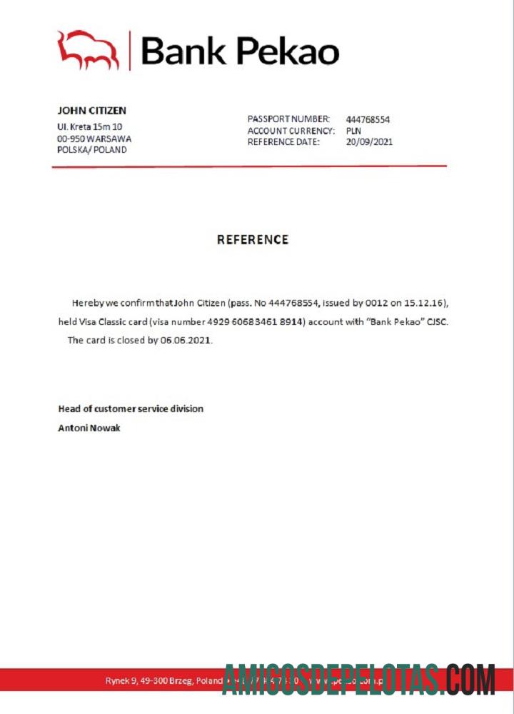 Referência de fechamento do Banco Polônia Pekao exemplo real